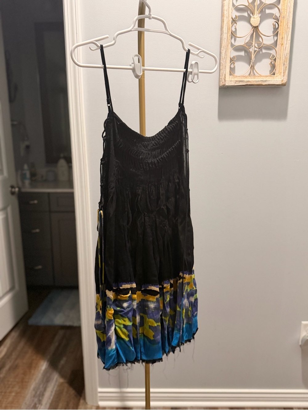 Free People One Black Spaghetti-Strap Mini Dress with Yellow & Blue Hem
